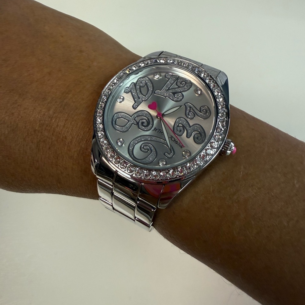 Betsey Johnson Silver Rhinestone Big Face Glam Watch Work Perfectly